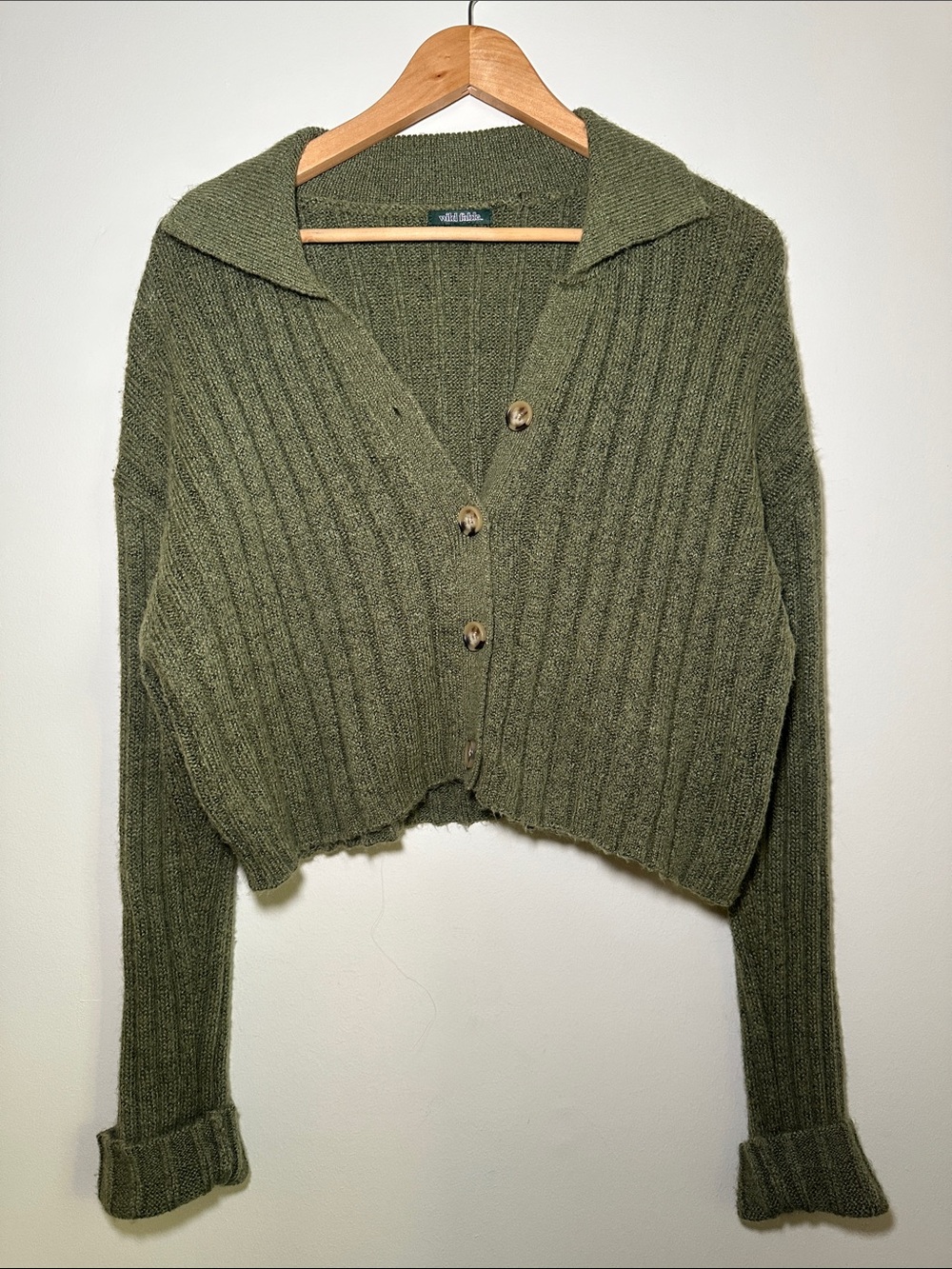 wild fable Olive Green Ribbed Button  Cropped Knit Cardigan